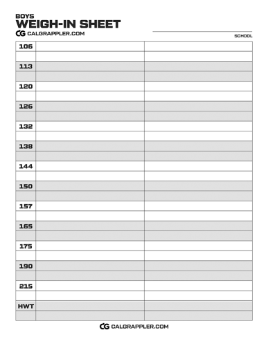 CalGrappler Wrestling Weigh-In Sheet - Boys
