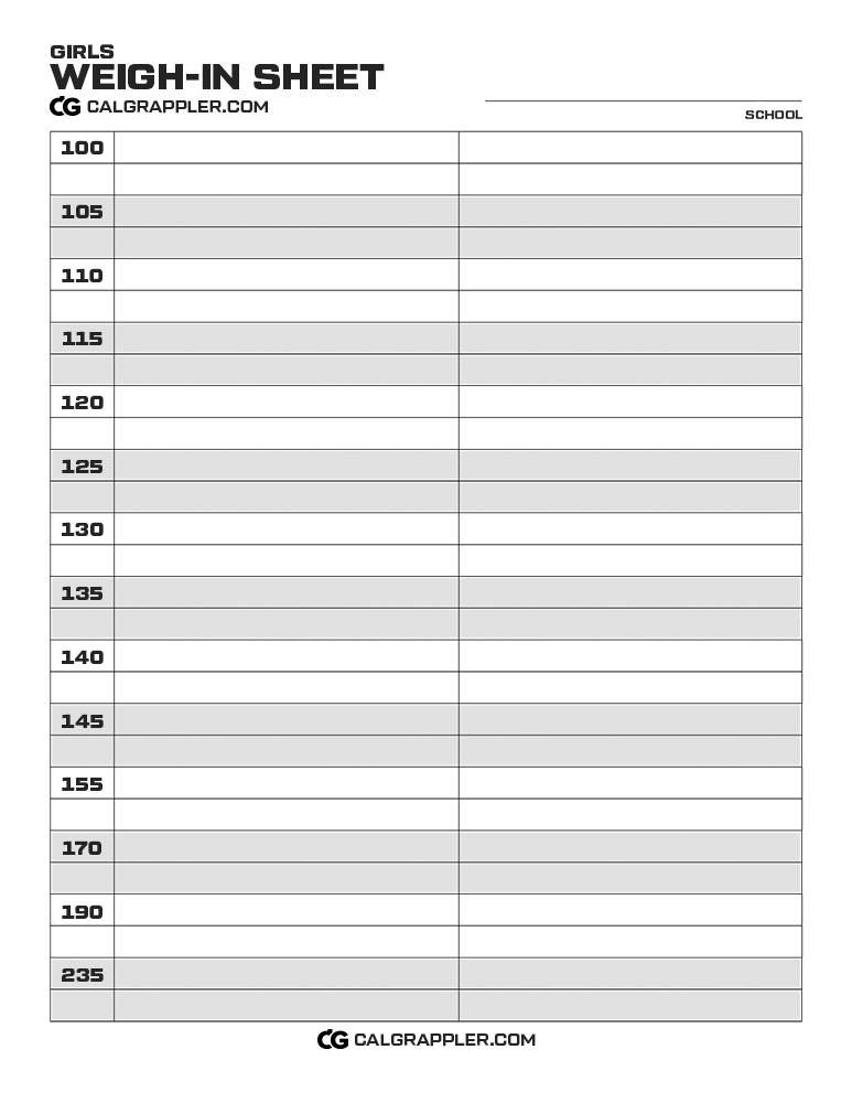 CalGrappler Wrestling Weigh-In Sheet - Girls